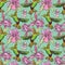 Seamless pattern. Colibri and flowers on green background. Hand