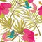 Seamless pattern with colibri, tropical flowers, palm leaves and butterflies