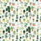 Seamless pattern with collection of hand drawn indoor house plants on white background. Collection of potted plants. Flat vector