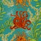 Seamless pattern with collection of marine plants, leaves and seaweed. Retro set of colorful hand drawn marine flora. Vector illus