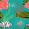 Seamless pattern with collection of sea shell, marine plants, seaweed and tropical fish.