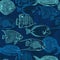 Seamless pattern with collection of tropical fish. Vintage set of hand drawn marine fauna.