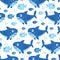 Seamless pattern on a color background with sea animals of the deep fish shark