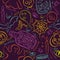 Seamless Pattern with color Halloween ghost, skull and pumpkin