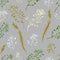 Seamless pattern with color hand drawn silhouette of Shepherds Purse, lives and flowers isolated on gray background. Retro vintage