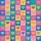 Seamless pattern. Color hearts in colorful squares. Bright and cheerful design