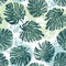 Seamless pattern with color splashes and monstera leaves in realistic style and high detail.