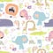 Seamless pattern with color wild animals on white background
