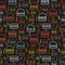 Seamless pattern of colored burgers and fries on grey background