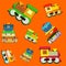 Seamless pattern colored cute little toy train and luggage - vector