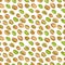 Seamless pattern with colored flat realistic pistachios nuts on white background. Salty delicious organic food nutshells, peeled.