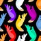 Seamless pattern with colored gloves on elegant hand. Vector flat colorful hands. Perfect for clothes, accessories