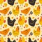 Seamless pattern with colored hens  chickens and chicken eggs. Vector doodle illustration for spring background  wrapping paper