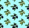 Seamless pattern with colored olives. Hand drawn olive branch. VECTOR illustration, olives. Turquoise backdrop.