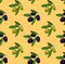 Seamless pattern with colored olives. Hand drawn olive branch. VECTOR illustration, olives. Yellow backdrop.