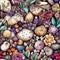 Seamless pattern with colorful amusing pebbles and wild flowers. Ornate detailed wallpaper. Generative AI