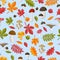 Seamless pattern of colorful autumn leaves and edible wild mushrooms