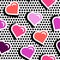 Seamless pattern with colorful badge shape hearts on black dotty background.