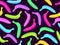 Seamless pattern with colorful bananas on a black background. Exotic multi-colored bananas in the style of the 80s. Design for