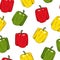 Seamless pattern with colorful bell peppers. Hand drawn cartoon vector stock illustration. Red, green, yellow capsicum