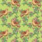 Seamless pattern with colorful birds and blooming summer flowers
