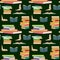 Seamless pattern with colorful books, stacking or piles of books on dark green background.