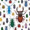 Seamless pattern with colorful bugs. Bright handdrawing of beetles