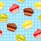 Seamless pattern with colorful cake stickers