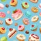 Seamless pattern with colorful cakes and sweets on blue. Vector illustration