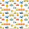 Seamless pattern with colorful cartoon transport. Cute background with hearts