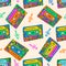 Seamless pattern with colorful cassettes. Hippie style. Doodle musical texture for wrapping, fabric. Vector