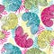 Seamless pattern of colorful chameleons in cartoon style. Bright pattern with chameleons and tropical leaves