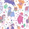 Seamless pattern with colorful cute llamas, alpacas with different decorations, cartoon vector Llama unicorn, flowers