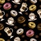 Seamless pattern of colorful donuts, coffee beans, cappuccino and latte on black background.