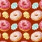 Seamless pattern with colorful donuts with glaze and sprinkles.