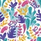 Seamless pattern with colorful fantastic leaves in flat style