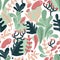 Seamless pattern with colorful fantastic leaves in flat style