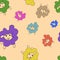 Seamless pattern with colorful funny animals on beige background. Colorful cute doodle sheep. print, packaging, wallpaper, textile