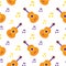 Seamless pattern, colorful guitars and musical notes on a white background, purple and orange colors. Geometric design