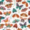 Seamless pattern with colorful hand drawn butterflies and moths on white background. Stylized flying insects with flowers