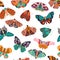Seamless pattern with colorful hand drawn butterflies and moths on white background. Stylized flying insects, vector
