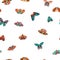 Seamless pattern with colorful hand drawn butterflies and moths on white background. Stylized flying insects, vector