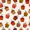 Seamless pattern with colorful hand-drawn cupcakes, isolated. Vector doodle