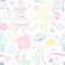 Seamless Pattern of Colorful Hand Drawn Doodle Spaceships, Rockets, Falling Stars, Planets and Comets . Sketch Style.