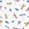 Seamless pattern with colorful hand drawn dragonflies on white background. Backdrop with elegant flying insects. Vector
