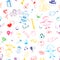 Seamless Pattern of Colorful Hand Drawn Set of Valentine`s Day Symbols. Children`s Cute Drawings of Hearts, Gifts, Rings, Balloons