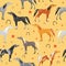 Seamless pattern with colorful horses on yellow background