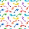 Seamless pattern of colorful human footprints white background isolated, multicolor barefoot footsteps repeating ornament, chaos