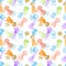 Seamless pattern with colorful jellyfish on white background. Watercolor hand drawn illustration in realistic style. Deep sea,