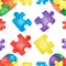 Seamless pattern of colorful jigsaw puzzles on white background. Watercolor hand drawn illustration